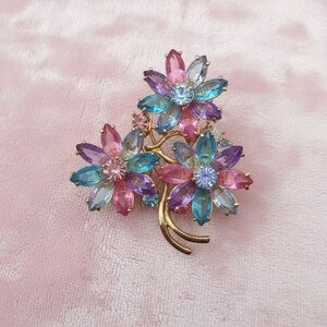 Vintage Multicolor Rhinestone Floral Brooch, Gold Tone Flower Pin Pastel Pink